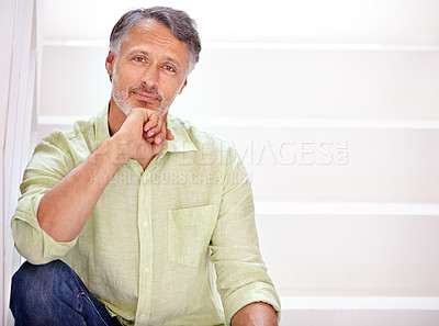 Buy stock photo Portrait, mature man and positive on stairs for confidence, career and calm in mockup. Person, smile face or entrepreneur on steps with relax, start up or proud journey in business by white staircase