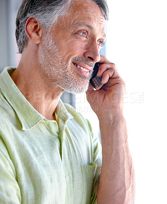 Buy stock photo Senior, thinking or happy man on a phone call listening or talking for communication to relax. Confident, retirement or mature person in home calling to chat in conversation or speaking on mobile 