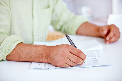 Buy stock photo Closeup, hands and entrepreneur with man, contract and professional with information, paperwork and signing. Person, employee and guy with documents, office and agreement with b2b deal and writing