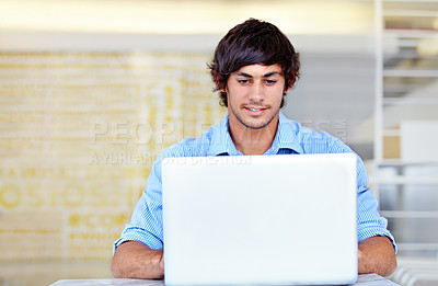 Buy stock photo Man, working and creative with laptop, office and worker for company, employee and digital. Agency, internet and online for email, news or technology with face, job and reading for business report
