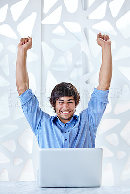 Buy stock photo Man, laptop and celebrate for win, success and smile for target goal, happiness and employee. Winner, kpi and email for achievement, bonus and milestone for business, finance profit and promotion
