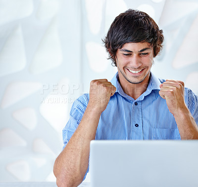 Buy stock photo Shot of an ecstatic young businessman sitting in front of her laptop