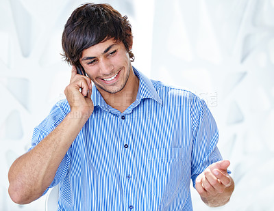 Buy stock photo Phone call, happy business man and communication in office for digital consulting, contact and chat in creative agency. Designer talking on smartphone for feedback, conversation and mobile networking