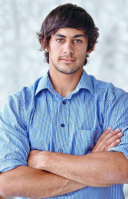 Buy stock photo Portrait, arms folded and man with confidence in career and wellness in studio background. Person, pride and face of entrepreneur in ambition in start up company and it professional in silicon valley