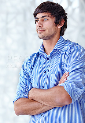 Buy stock photo Businessman, thinking and confidence in corporate business for employee growth, professional or career. Male person, arms crossed and office working for problem solving, thoughts or brainstorming