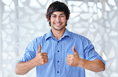 Buy stock photo Thumbs up, portrait and business man in office for success, winning deal and achievement of excellence in creative agency. Happy designer, emoji sign and like for feedback, thank you and vote for yes