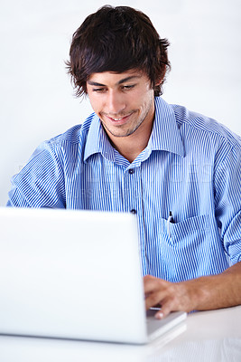 Buy stock photo Man, worker and satisfied with laptop, happy and studio background for company, employee and digital. Agency ,internet and online for email, news or technology with face, job or reading for business