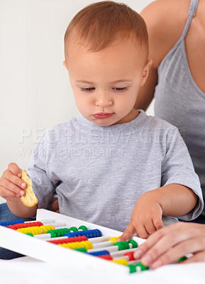 Buy stock photo Abacus, toy and baby with mother playing, learning and education for child development on bed. Bonding, math and closeup of mom teaching kid, infant or toddler with counting and snack at home.