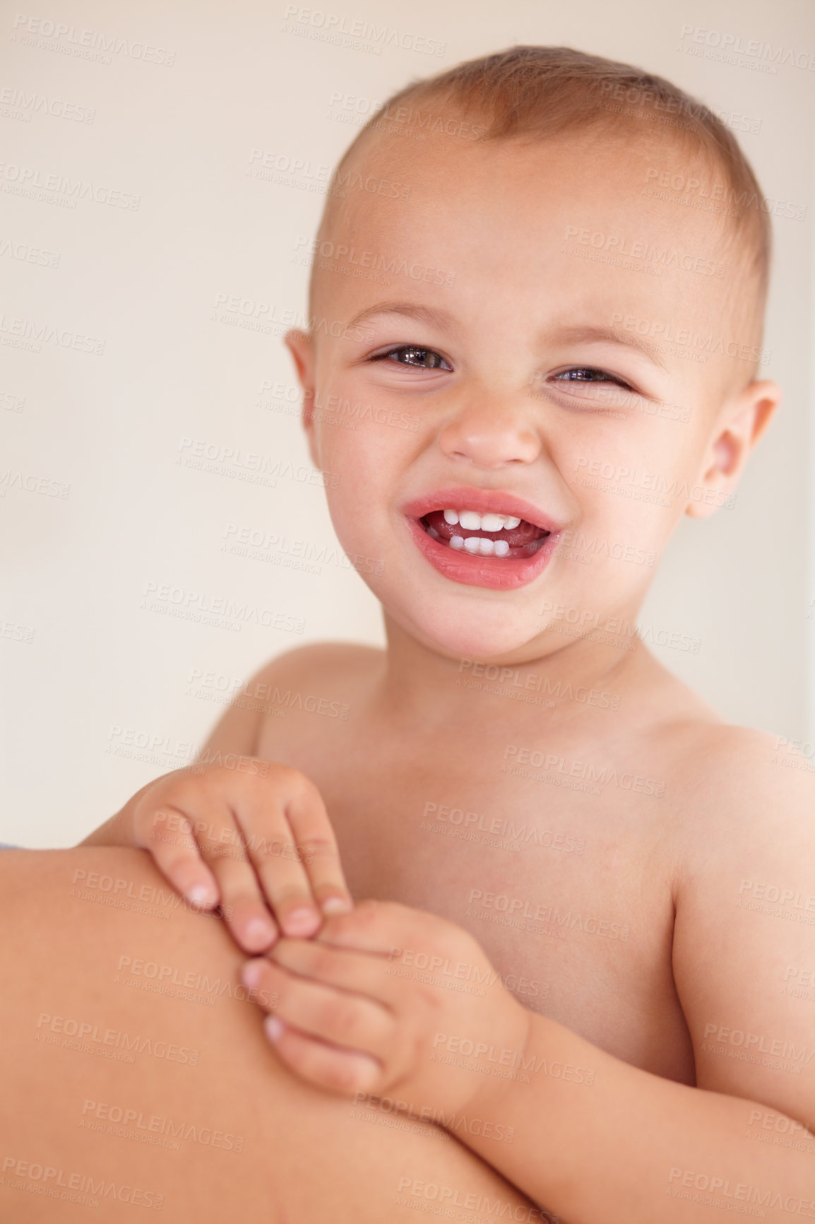 Buy stock photo Sad, crying and portrait of boy baby by his mom with unhappy, upset and naughty personality. Tired, annoyed and face of disappointed child, infant or kid toddler with tears for problem by his mother.