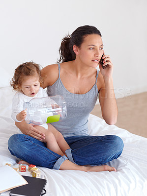 Buy stock photo Multitasking, phone call and mom with baby in home talking for remote work and child with toys on bed, Freelance, mother and speaking on smartphone, communication and caring for kid in bedroom