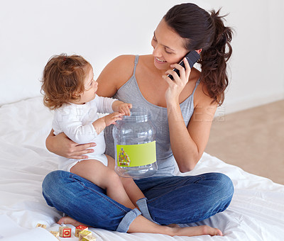 Buy stock photo Happy, mom and phone call with baby in home talking on bed with child playing with toys, Smartphone, conversation and mother speaking online, communication and caring for kid in bedroom with blocks