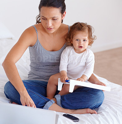 Buy stock photo Portrait, baby and mom on laptop in bedroom for remote work, learning or online education in home. Freelancer mother, computer and kid on bed playing with abacus, care or toddler together with family