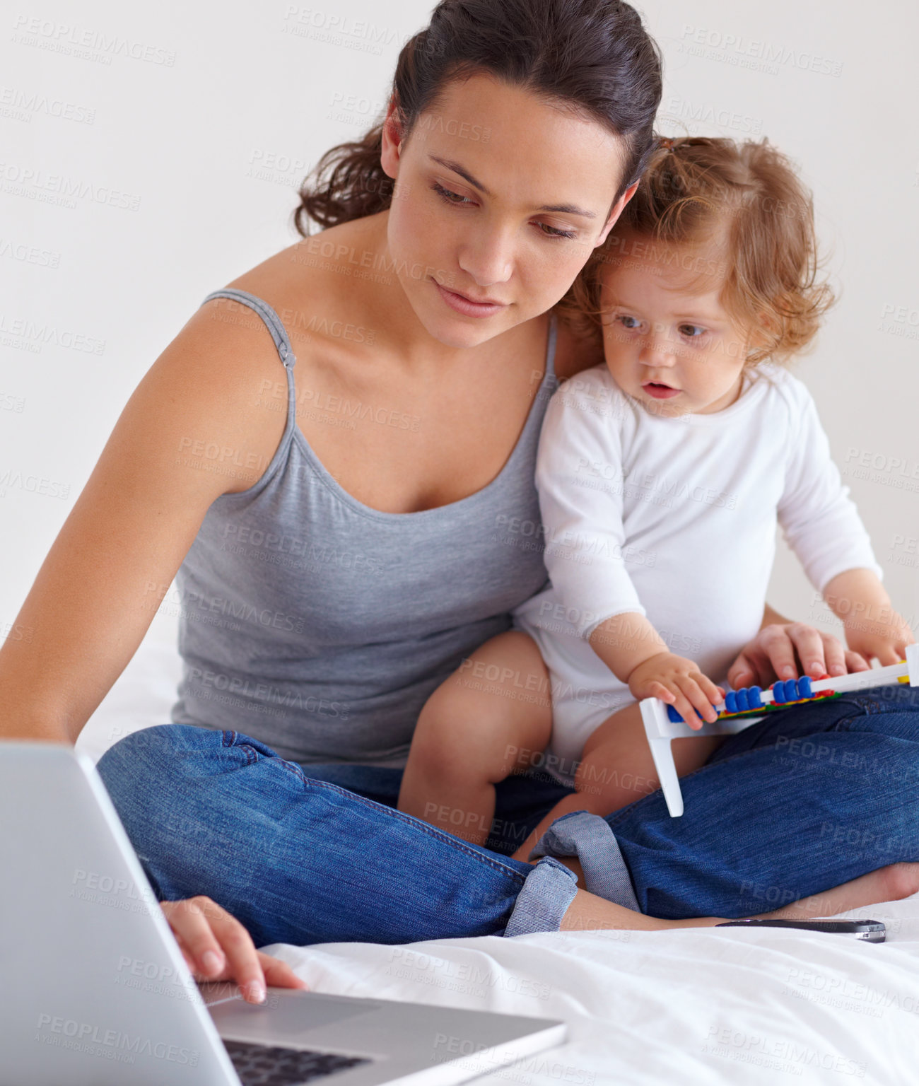 Buy stock photo Laptop, baby and mother in bed for remote work, learning or online education in home. Freelancer parent, computer and kid in bedroom playing with abacus, child care and toddler together with family