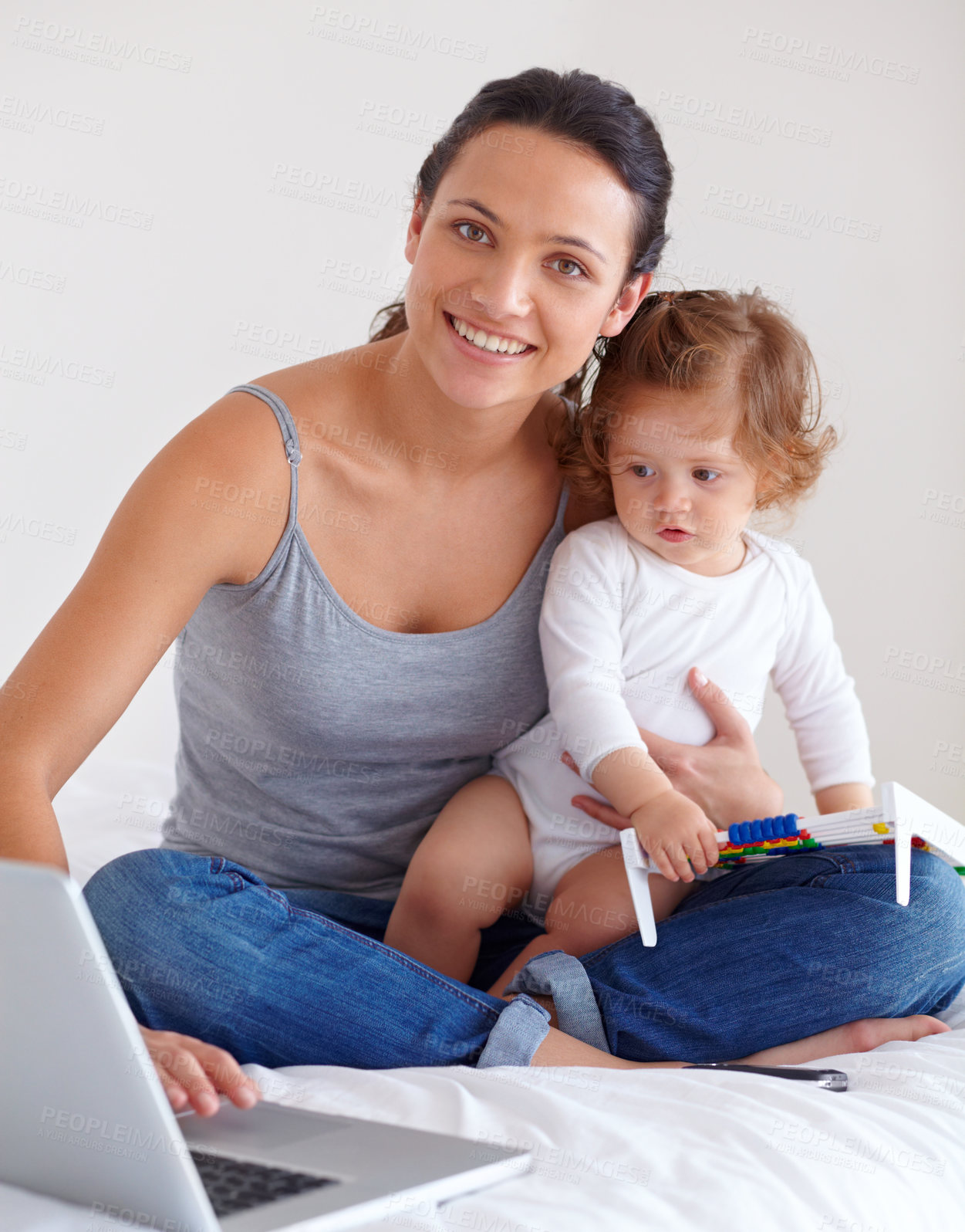 Buy stock photo Portrait, baby and happy mother on laptop in bedroom for remote work, learning or education in home. Freelancer parent, computer and kid playing with abacus, care and toddler together with family