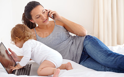 Buy stock photo Working, mom and phone call with baby on laptop multitasking in home. Infant, kid and mother busy with computer and smartphone for remote work, productivity and online communication in bedroom