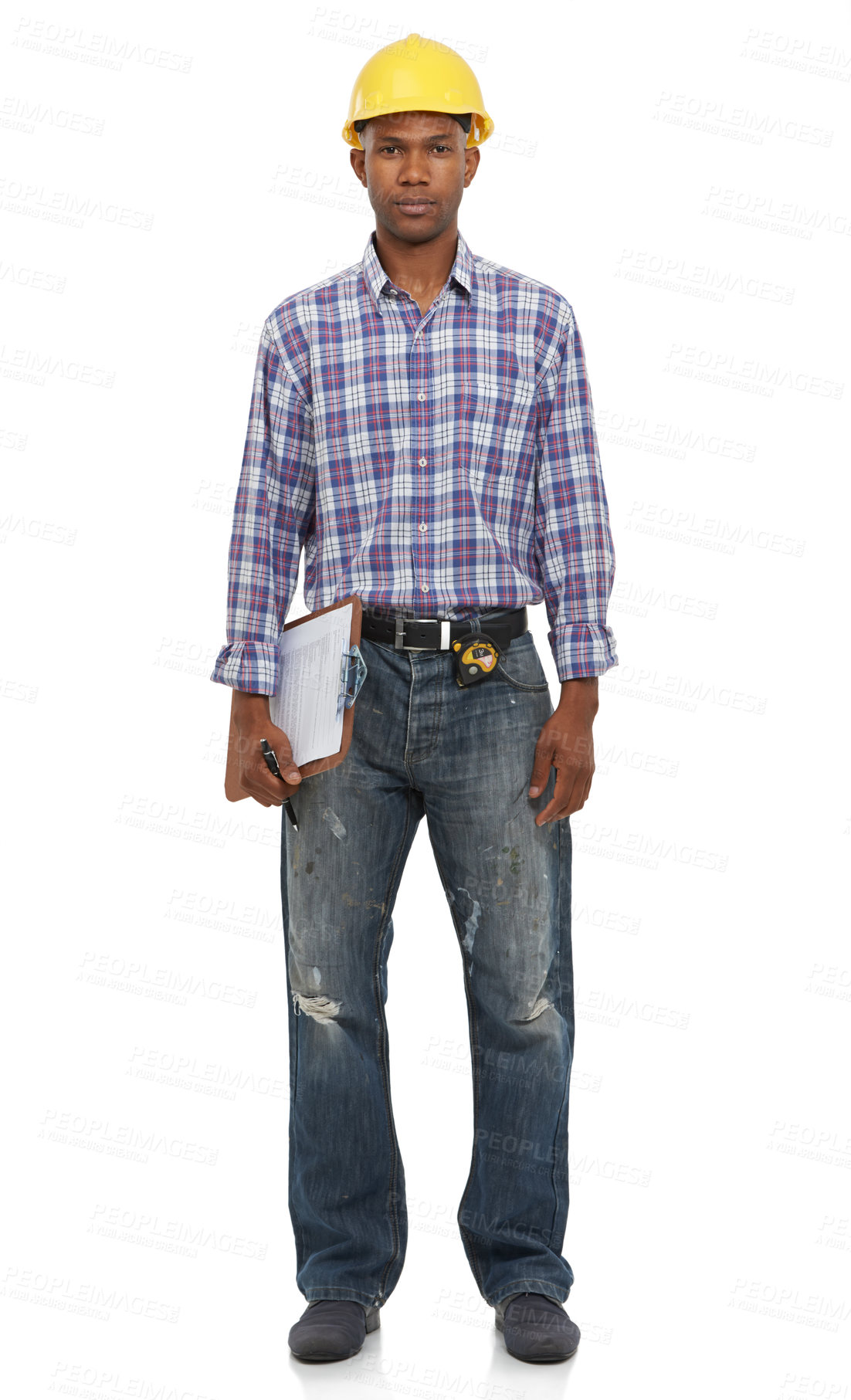 Buy stock photo Construction worker, studio portrait and checklist by white background for inspection, success or goal. Black man, model and site manager with clipboard, helmet or safety as engineer, builder and job
