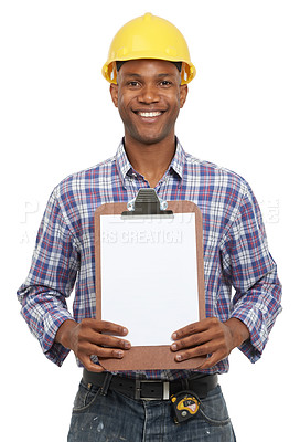 Buy stock photo Studio portrait of black man in construction with mockup space for brand, advertising or marketing checklist. Product placement, handyman or happy worker ready for property inspection on clipboard