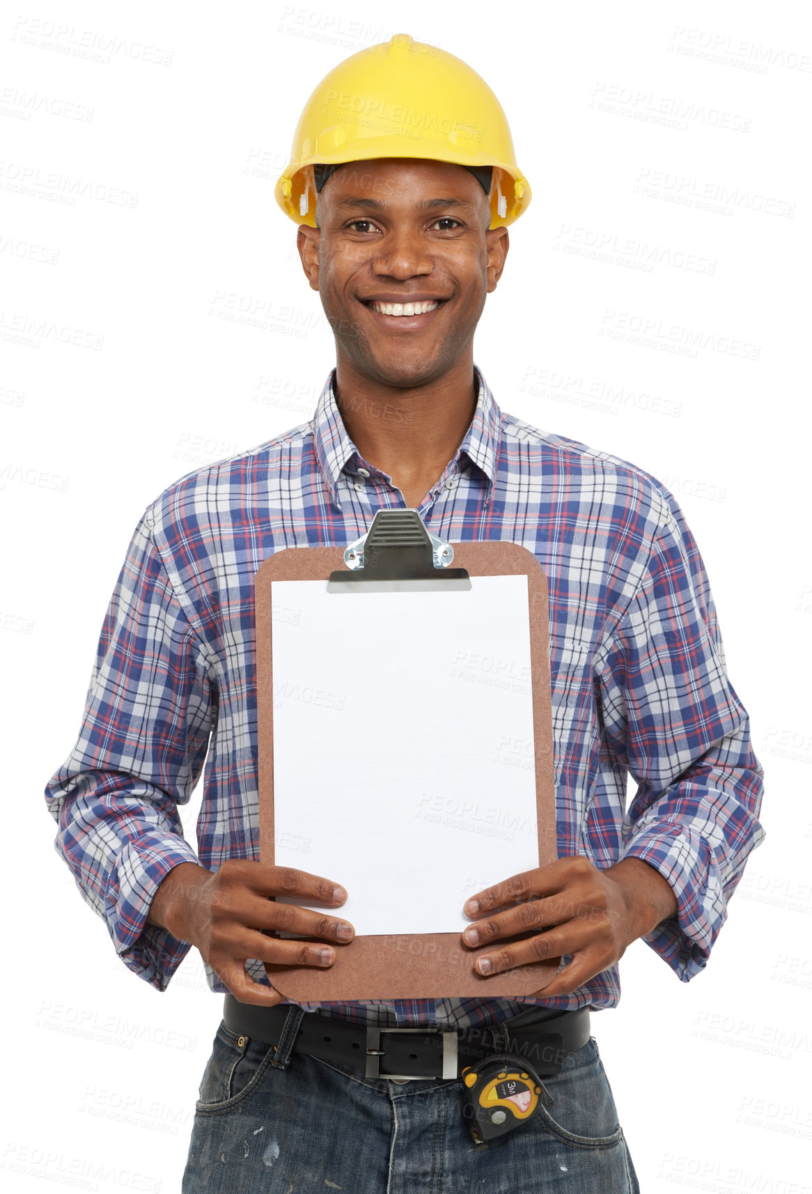 Buy stock photo Studio portrait of black man in construction with mockup space for brand, advertising or marketing checklist. Product placement, handyman or happy worker ready for property inspection on clipboard