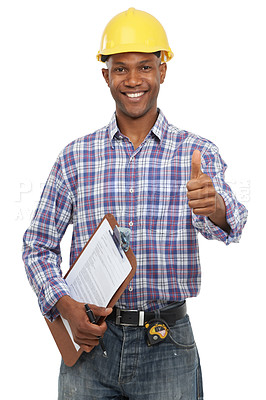 Buy stock photo Studio portrait of an african american man in construction clothes holding a clipboard