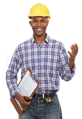 Buy stock photo Architect, portrait smile and construction with clipboard for inspection, handyman or maintenance on mockup. Happy male contractor or builder with safety hat smiling against a white studio background