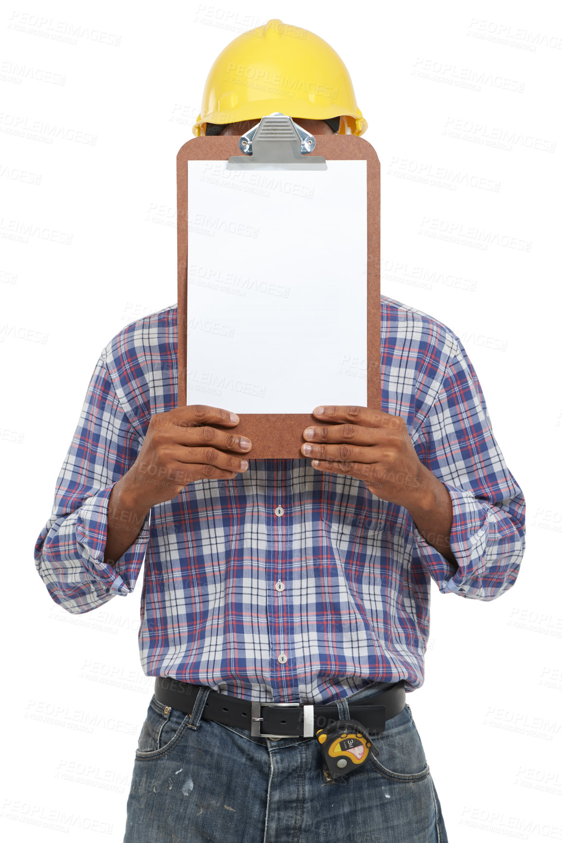 Buy stock photo Clipboard, construction and man on a white background for inspection, maintenance and building report. Engineering, architecture and isolated worker with paperwork, documents and survey in studio