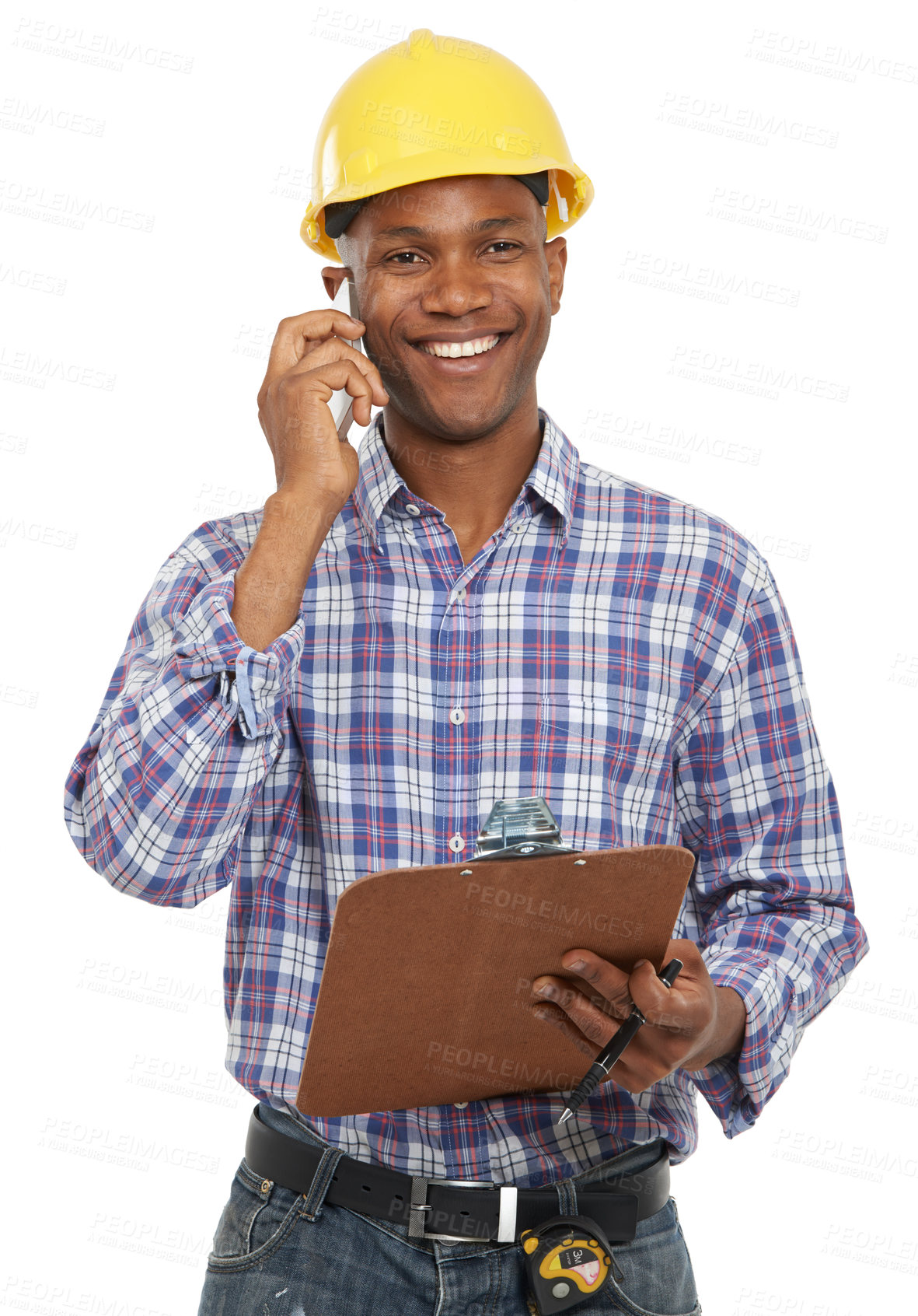 Buy stock photo Phone call, construction and portrait of black man on a white background studio for contact, planning or talking. Engineering, clipboard and worker on cellphone for building, inspection or discussion