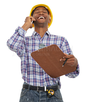Buy stock photo Phone call, construction and black man laugh on a white background studio for contact, planning and talking. Engineering, clipboard and worker on cellphone for building, inspection and discussion