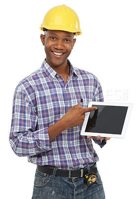 Buy stock photo Tablet, construction and portrait of black man on a white background for internet, website and online. Engineering, maintenance and worker pointing to digital tech for building, inspection or network