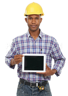 Buy stock photo Tablet, construction and portrait of black man on a white background for internet, website and online. Engineering, mockup and worker pointing to digital tech for building, inspection or network