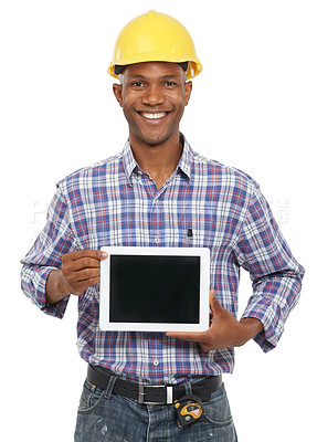 Buy stock photo Tablet, happy and portrait of construction worker on a white background for internet, website and online. Engineering, mockup screen and worker on digital tech for building, inspection and network