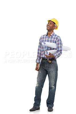 Buy stock photo Blueprint, construction and man on a white background for thinking, maintenance or building inspection. Engineering, architecture and isolated worker with illustration, planning and papers in studio