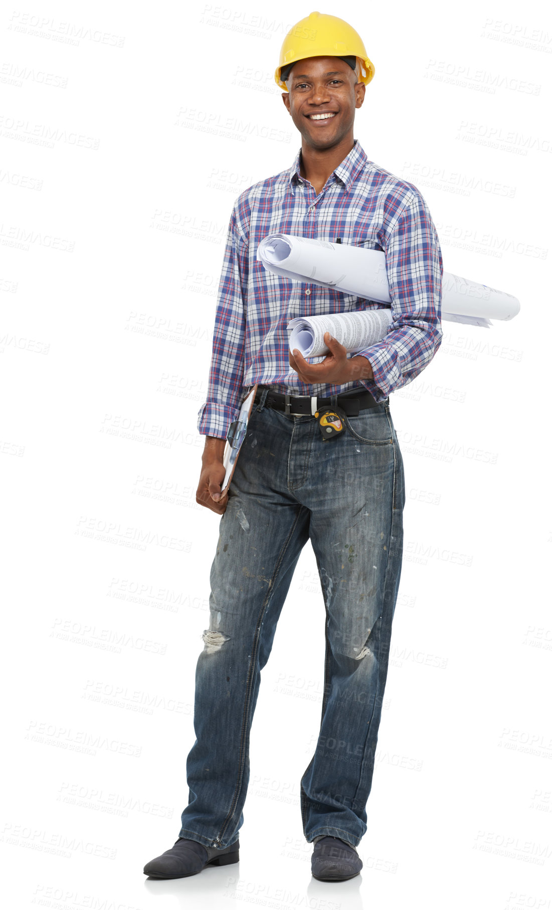 Buy stock photo Portrait, construction and man with building blueprint in studio planning, design and engineer on white background. Architect, plan and construction worker happy, smile and goal for future industry
