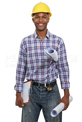 Buy stock photo Portrait, construction and building with a black man architect in studio on a white background. Construction worker, architecture and blueprint with a male designer holding a clipboard for planning