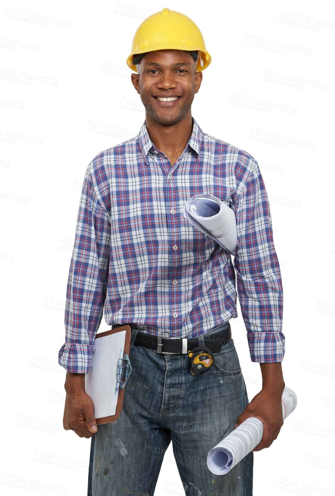 Buy stock photo Portrait, construction and building with a black man architect in studio on a white background. Construction worker, architecture and blueprint with a male designer holding a clipboard for planning