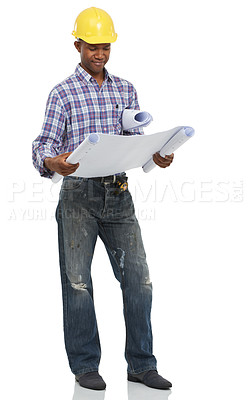 Buy stock photo Architect, construction and engineering, black man and blueprint for contractor job and maintenance on white background. Floor plan, check paperwork and builder with helmet and architecture in studio