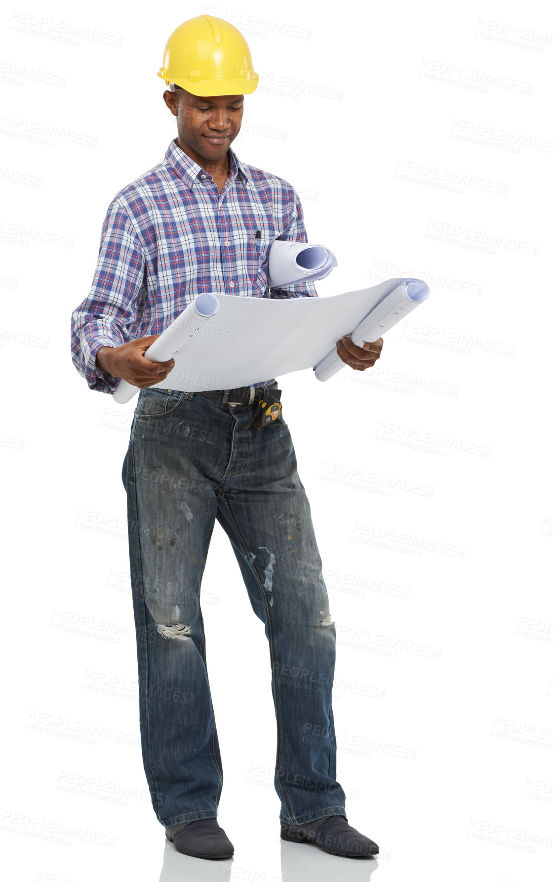 Buy stock photo Architect, construction and engineering, black man and blueprint for contractor job and maintenance on white background. Floor plan, check paperwork and builder with helmet and architecture in studio