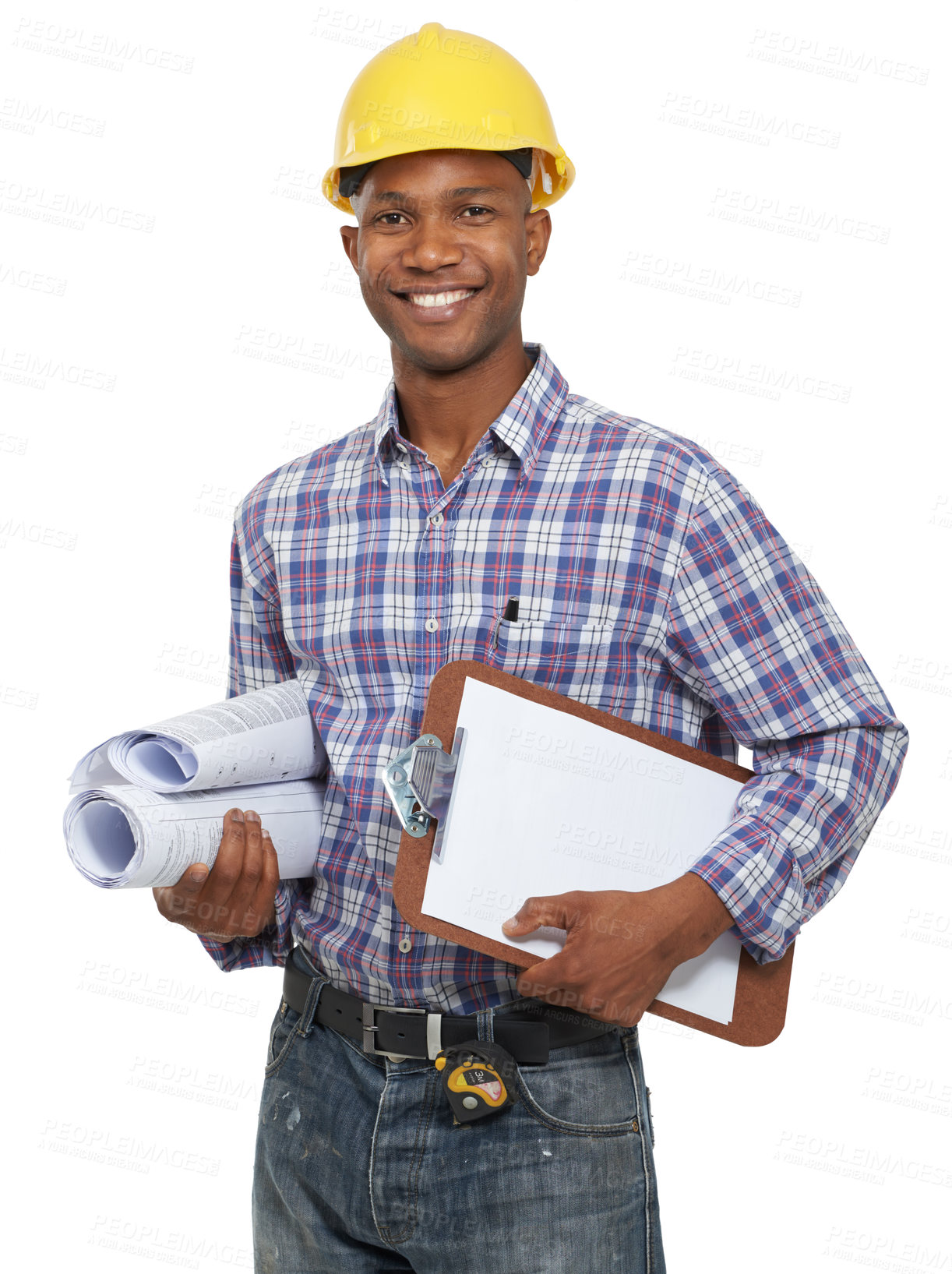 Buy stock photo Studio shot of a young architect in a hardhat and work clothing isolated on white