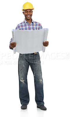 Buy stock photo Architecture, construction and engineering, black man and blueprint for contractor job and maintenance on white background. Floor plan, check paperwork and builder with helmet and architect in studio