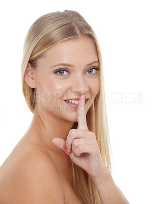 Buy stock photo Happy woman, portrait and secret in skincare, beauty or cosmetics on a white studio background. Female person or model smile with finger on lip for whisper, gossip or confidential on mockup space