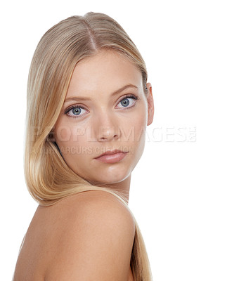 Buy stock photo Woman, portrait and beauty with skincare in studio for glowing face, wellness and dermatology on mock up. Model, person or confidence with cosmetics, collagen or keratin treatment on white background
