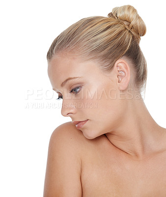 Buy stock photo Woman, thinking and beauty with skincare in studio for glowing face, wellness and dermatology on mock up. Model, person or confidence with cosmetics, collagen or keratin treatment on white background