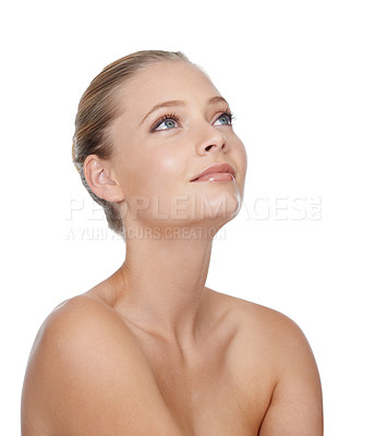 Buy stock photo Woman, thinking and beauty with skincare in studio for glowing face, wellness and dermatology on mock up. Model, person or confidence with cosmetics, collagen and botox treatment on white background