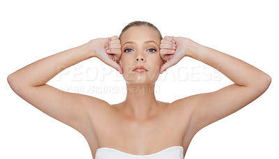 Buy stock photo Skincare, cosmetics and portrait with woman, dermatology and wellness isolated on a white studio background. Face, person and model with grooming, treatment and shine with glow, beauty and aesthetic