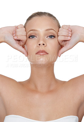 Buy stock photo Skincare, beauty and portrait with woman, dermatology and wellness isolated on a white studio background. Face, person and model with grooming, luxury and shine with glow, cosmetics and aesthetic