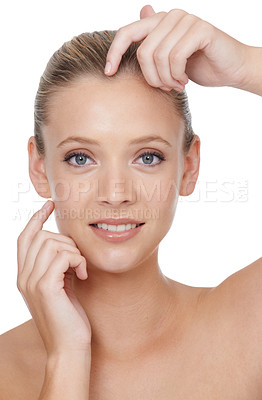 Buy stock photo Woman, portrait and beauty with cosmetics in studio for glowing face, wellness and dermatology on mock up. Model, person or confidence with skincare, collagen or botox treatment on white background