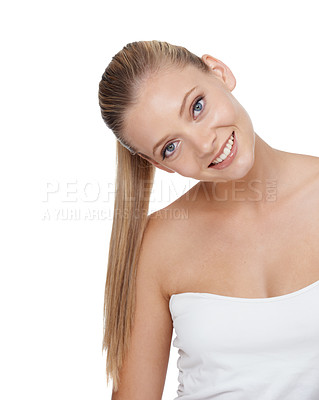 Buy stock photo Happy woman, portrait and skincare for natural beauty, cosmetics or makeup on a white studio background. Face of young female person or model smile for facial treatment, shine or glow on mockup space