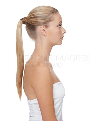Buy stock photo A beautiful blonde woman with a ponytail isolated against a white background