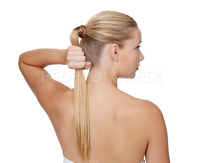 Buy stock photo Rear view, woman and beauty in studio for hair care with keratin treatment, shampoo shine and mock up. Model, person and soft hairstyle, texture and cosmetology at hairdresser on white background
