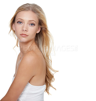 Buy stock photo Face, beauty and mockup with a model woman in studio on a white background for skincare or marketing. Portrait, skin and wellness with an attractive young female posing to promote a cosmetic product