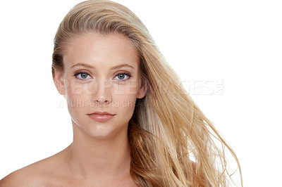 Buy stock photo Woman, portrait and beauty with cosmetics in studio for hair care, keratin treatment and shampoo shine. Model, person and mockup space with skincare, collagen texture or hairstyle on white background